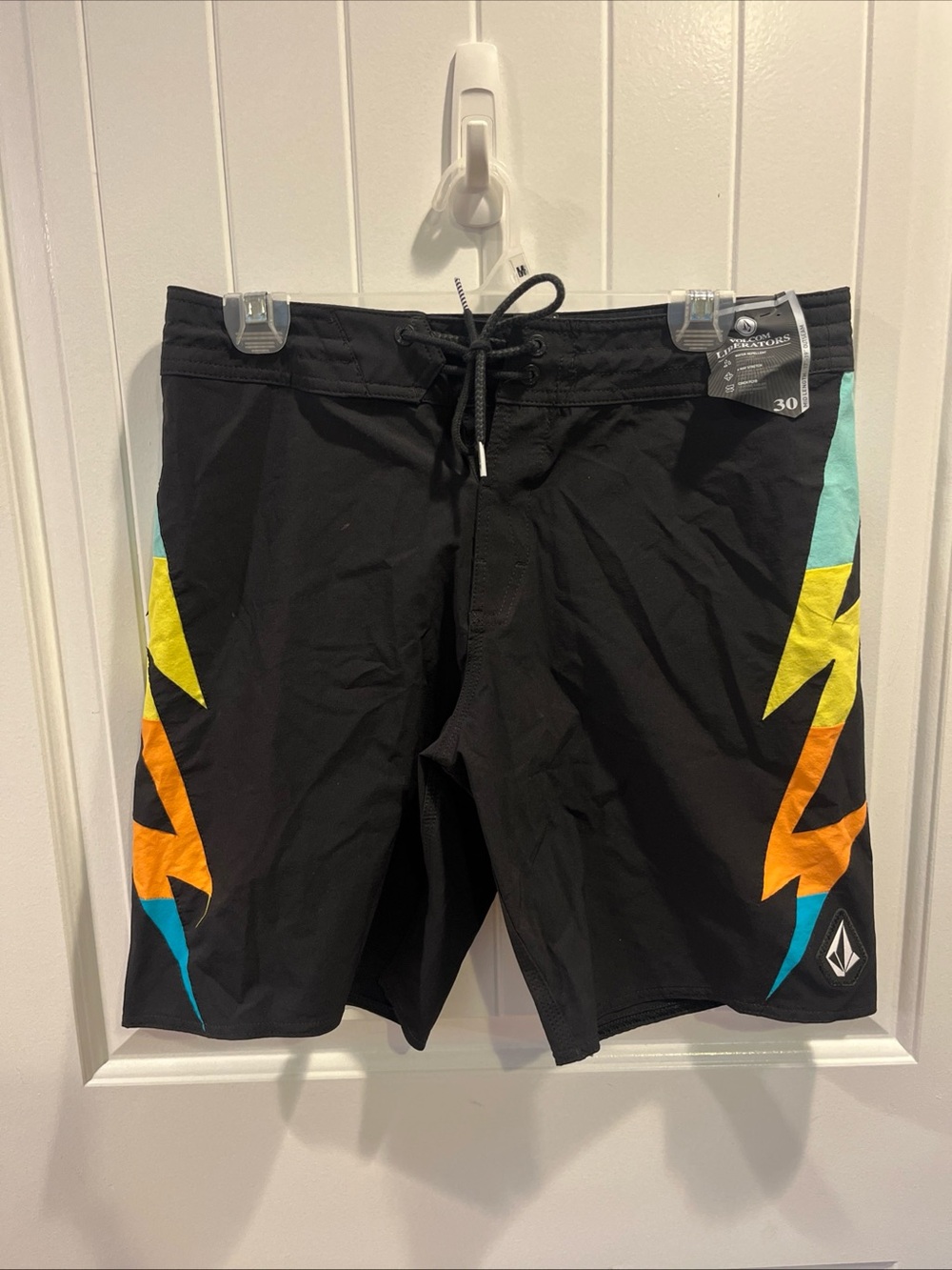 Volcom Black Board Shorts with Yellow, Orange & Teal Accents